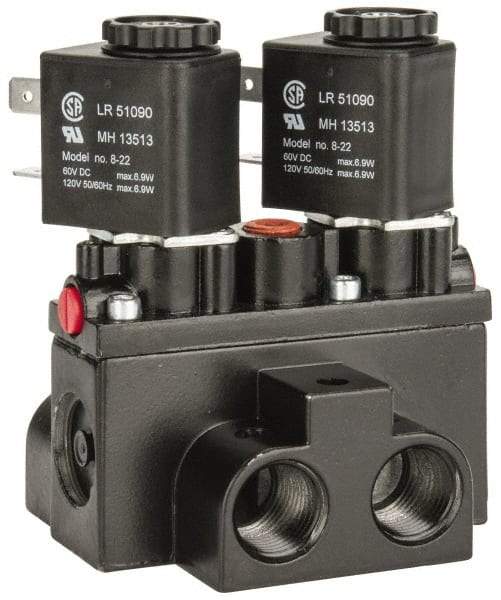 ARO/Ingersoll-Rand - 3/8" Inlet x 3/8" Outlet, Solenoid Actuator, Solenoid Return, 3 Position, Body Ported Solenoid Air Valve - 120 VAC Input, 63 CFM, 1.7 CV, 4 Way, 150 psi, 4" Long x '2-1/2" Wide x 3-5/8" High, 0 to 180°F - Eagle Tool & Supply