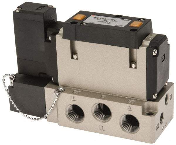 SMC PNEUMATICS - 2 CV Flow Rate, Single Solenoid Pilot Operated Valve - 5 Port, 2 Position, Spring Return, 3/8" NPT Inlet, 24 V - Eagle Tool & Supply