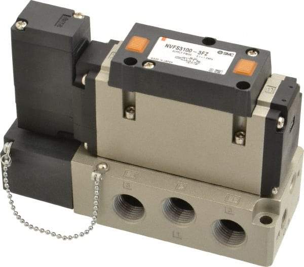 SMC PNEUMATICS - 2 CV Flow Rate, Single Solenoid Pilot Operated Valve - 5 Port, 2 Position, Spring Return, 3/8" NPT Inlet, 110 V - Eagle Tool & Supply