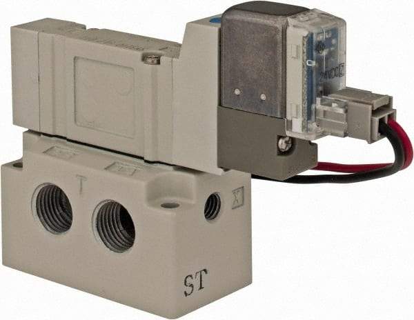 SMC PNEUMATICS - 0.3 CV Flow Rate, Single Solenoid Pilot Operated Valve - 5 Port, 2 Position, Spring Return, 1/8" NPT Inlet, 24 V - Eagle Tool & Supply