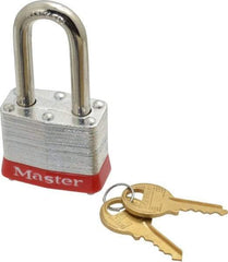 Master Lock - Keyed Different Retaining Key Conductive Lockout Padlock - 1-1/2" Shackle Clearance, 9/32" Shackle Diam, 1-1/4" Body Height x 1-9/16" Body Width, Red, 4 Pins - Eagle Tool & Supply