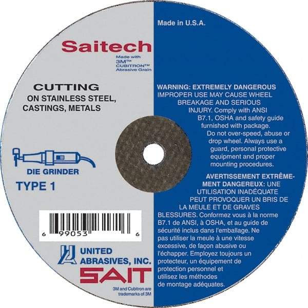 Sait - 3" Aluminum Oxide Cutoff Wheel - 1/16" Thick, 3/8" Arbor, 25,000 Max RPM, Use with Die Grinders - Eagle Tool & Supply