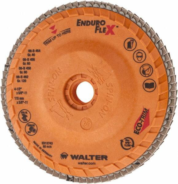 WALTER Surface Technologies - 120 Grit, 4-1/2" Disc Diam, 5/8-11 Center Hole, Zirconia Alumina Flap Disc - 13,300 Max RPM, Plastic Backing, Arbor Attaching System, Coated - Eagle Tool & Supply