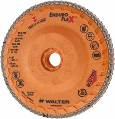 WALTER Surface Technologies - 120 Grit, 4-1/2" Disc Diam, 5/8-11 Center Hole, Zirconia Alumina Flap Disc - 13,300 Max RPM, Plastic Backing, Arbor Attaching System, Coated - Eagle Tool & Supply