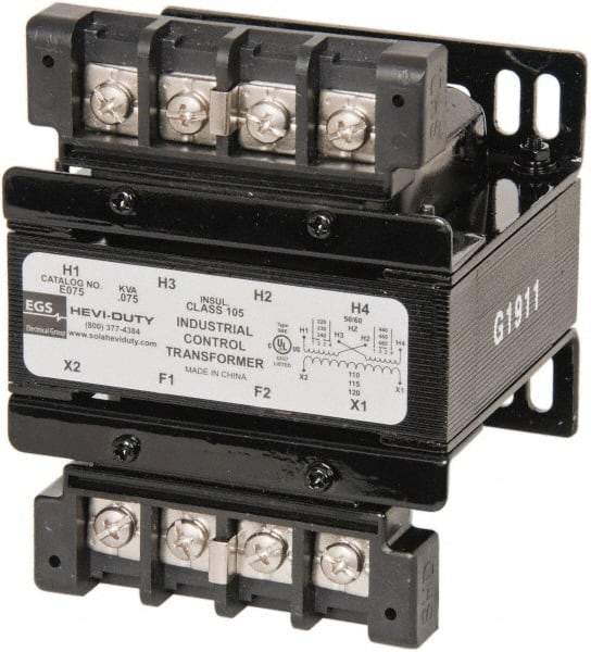 Sola/Hevi-Duty - 1 Phase, 0.08 kVA, Control Transformer - 2 Input, 1 Output Winding, 60, 50/60 at 220 V x 440 V, 50/60 at 230 V x 460 V Hz, 4.36 Inch Deep x 2.96 Inch High, 131°F Temp Rise - Eagle Tool & Supply