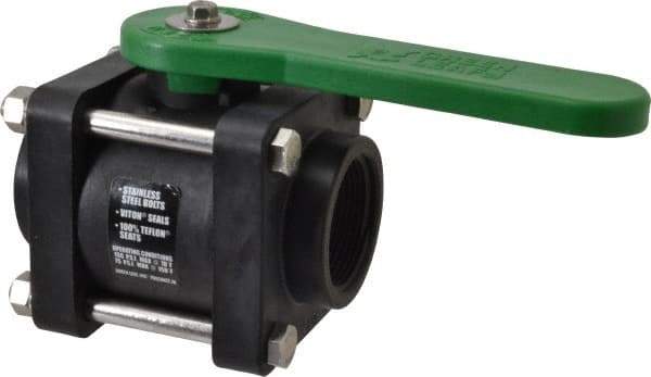 Green Leaf - 1-1/2" Pipe, Standard Port, Polypropylene Standard Ball Valve - 3 Piece, Inline - One Way Flow, FNPT x FNPT Ends, Lever Handle, 150 WOG - Eagle Tool & Supply