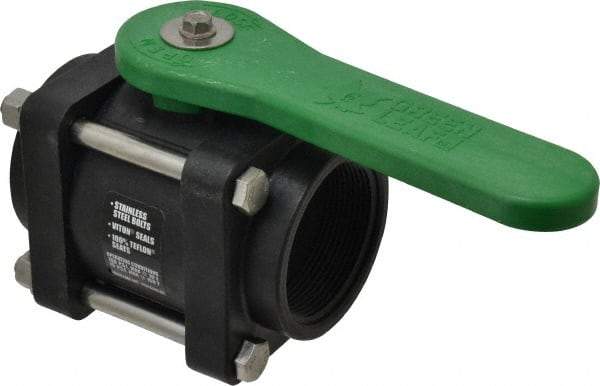 Green Leaf - 2" Pipe, Standard Port, Polypropylene Standard Ball Valve - 3 Piece, Inline - One Way Flow, FNPT x FNPT Ends, Lever Handle, 150 WOG - Eagle Tool & Supply