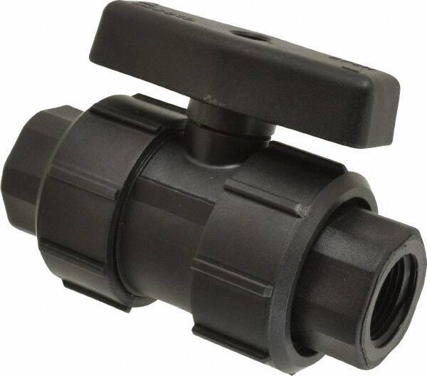 Green Leaf - 3/4" Pipe, Full Port, Polypropylene True Union Design Ball Valve - Inline - One Way Flow, FNPT x FNPT Ends, Tee Handle, 125 WOG - Eagle Tool & Supply