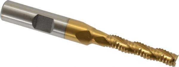 Interstate - 1/4" Diam, Coarse Pitch, 1-3/8" LOC, 3 Flute Cobalt Roughing Square End Mill - TiN Finish, 3-1/8" OAL, 3/8" Shank Diam, Single End - Eagle Tool & Supply