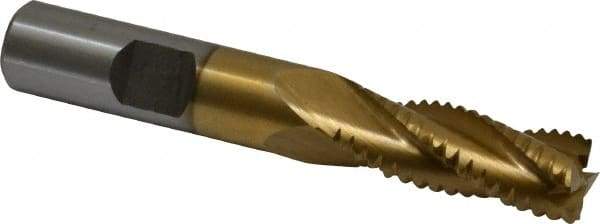 Interstate - 15/32" Diam, Coarse Pitch, 1-1/4" LOC, 4 Flute Cobalt Roughing Square End Mill - TiN Finish, 3-1/4" OAL, 1/2" Shank Diam, Single End - Eagle Tool & Supply