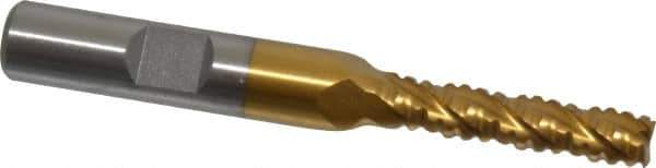Interstate - 1/4" Diam, 1-1/8" LOC, 4 Flute Cobalt Roughing & Finishing Square End Mill - TiN Finish, 2-15/16" OAL, 3/8" Shank Diam, Weldon Shank, 30° Helix, Non-Centercutting - Eagle Tool & Supply