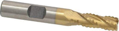 Interstate - 5/16" Diam, 3/4" LOC, 4 Flute Cobalt Roughing & Finishing Square End Mill - TiN Finish, 2-1/2" OAL, 3/8" Shank Diam, Weldon Shank, 30° Helix, Non-Centercutting - Eagle Tool & Supply
