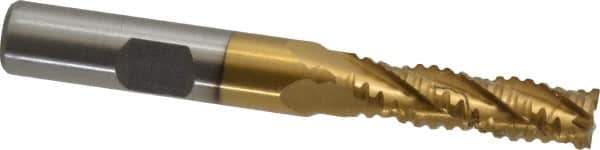 Interstate - 5/16" Diam, 1-1/8" LOC, 4 Flute Cobalt Roughing & Finishing Square End Mill - TiN Finish, 2-15/16" OAL, 3/8" Shank Diam, Weldon Shank, 30° Helix, Non-Centercutting - Eagle Tool & Supply