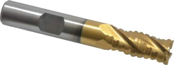 Interstate - 3/8" Diam, 3/4" LOC, 4 Flute Cobalt Roughing & Finishing Square End Mill - TiN Finish, 2-1/2" OAL, 3/8" Shank Diam, Weldon Shank, 30° Helix, Non-Centercutting - Eagle Tool & Supply
