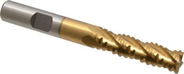 Interstate - 3/8" Diam, 1-3/8" LOC, 4 Flute Cobalt Roughing & Finishing Square End Mill - TiN Finish, 3-3/16" OAL, 3/8" Shank Diam, Weldon Shank, 30° Helix, Non-Centercutting - Eagle Tool & Supply