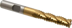 Interstate - 3/8" Diam, 1-3/8" LOC, 4 Flute Cobalt Roughing & Finishing Square End Mill - TiN Finish, 3-3/16" OAL, 3/8" Shank Diam, Weldon Shank, 30° Helix, Non-Centercutting - Eagle Tool & Supply