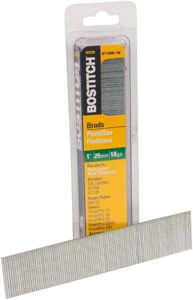 Stanley Bostitch - 18 Gauge 0.05" Shank Diam 1" Long Brad Nails for Power Nailers - Steel, Bright Finish, Ring Shank, Straight Stick Adhesive Collation, Brad Head, Chisel Point - Eagle Tool & Supply