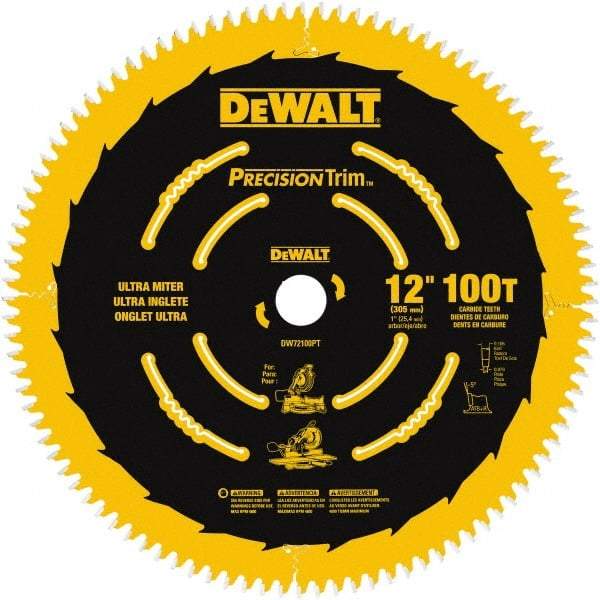 DeWALT - 12" Diam, 1" Arbor Hole Diam, 100 Tooth Wet & Dry Cut Saw Blade - Carbide-Tipped, Crosscutting Action, Standard Round Arbor - Eagle Tool & Supply