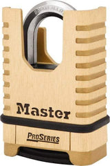 Master Lock - 2-1/4" Body Width x 3-1/2" Body Height, 1-1/16" Shackle Clearance, Brass Finish Combination Lock - 3/8" Shackle Diam, 15/16" Shackle Width, Set Your Own 4 Digit Combination - Eagle Tool & Supply