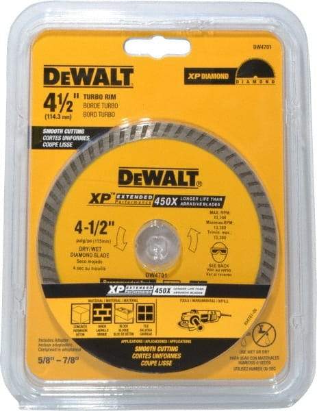 DeWALT - 4-1/2" Diam, 7/8" Arbor Hole Diam, Wet & Dry Cut Saw Blade - Diamond-Tipped, Standard Round Arbor - Eagle Tool & Supply