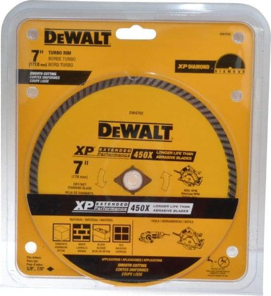 DeWALT - 7" Diam, 5/8" Arbor Hole Diam, Wet & Dry Cut Saw Blade - Diamond-Tipped, Standard Round Arbor - Eagle Tool & Supply