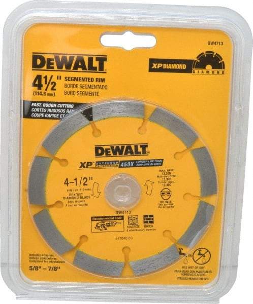 DeWALT - 4-1/2" Diam, 7/8" Arbor Hole Diam, Wet & Dry Cut Saw Blade - Diamond-Tipped, Standard Round Arbor - Eagle Tool & Supply