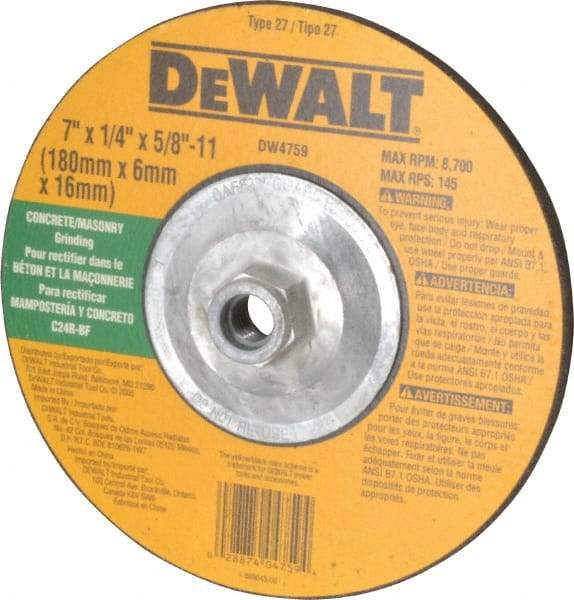 DeWALT - 24 Grit, 7" Wheel Diam, 1/4" Wheel Thickness, Type 27 Depressed Center Wheel - Silicon Carbide, R Hardness, 8,700 Max RPM, Compatible with Angle Grinder - Eagle Tool & Supply