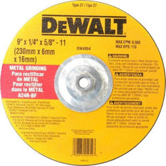DeWALT - 24 Grit, 9" Wheel Diam, 1/4" Wheel Thickness, Type 27 Depressed Center Wheel - Aluminum Oxide, R Hardness, 6,600 Max RPM, Compatible with Angle Grinder - Eagle Tool & Supply