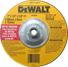 DeWALT - 24 Grit, 7" Wheel Diam, 1/4" Wheel Thickness, Type 27 Depressed Center Wheel - Aluminum Oxide, R Hardness, 8,700 Max RPM, Compatible with Angle Grinder - Eagle Tool & Supply