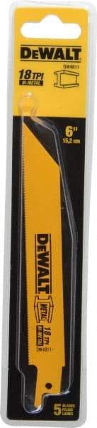 DeWALT - 6" Long x 3/4" Thick, Bi-Metal Reciprocating Saw Blade - Straight Profile, 18 TPI, Toothed Edge, Universal Shank - Eagle Tool & Supply