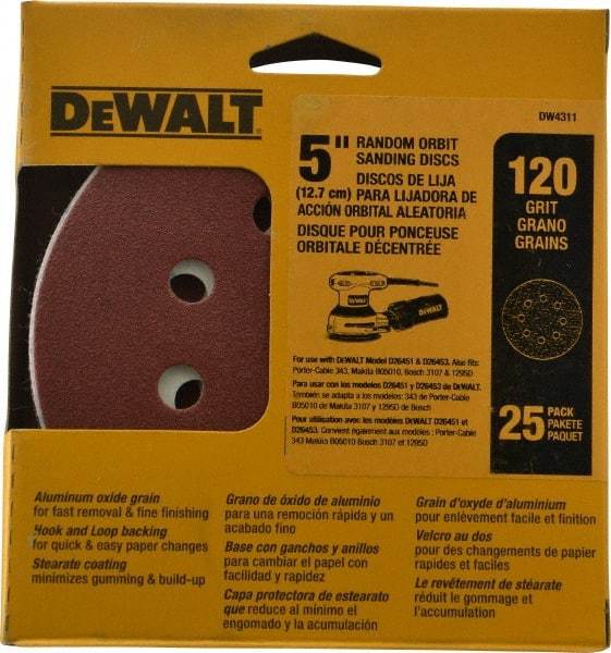 DeWALT - 5" Diam, 120 Grit, Aluminum Oxide Hook & Loop Disc - Fine Grade, Coated, Paper Backing, - Eagle Tool & Supply