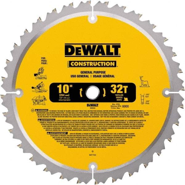 DeWALT - 10" Diam, 5/8" Arbor Hole Diam, 32 Tooth Wet & Dry Cut Saw Blade - Carbide-Tipped, General Purpose Action, Standard Round Arbor - Eagle Tool & Supply