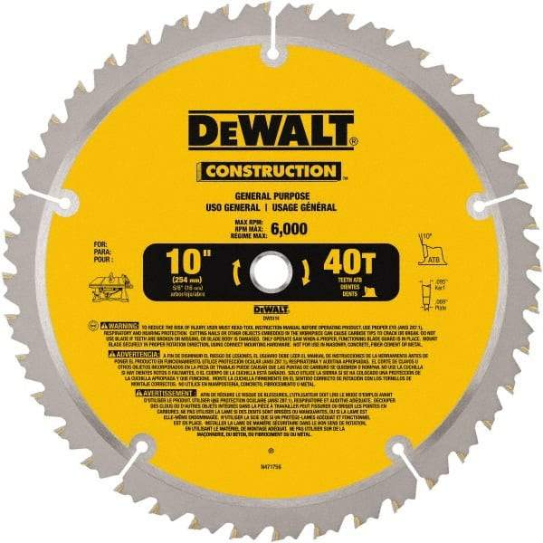 DeWALT - 10" Diam, 5/8" Arbor Hole Diam, 40 Tooth Wet & Dry Cut Saw Blade - Carbide-Tipped, General Purpose Action, Standard Round Arbor - Eagle Tool & Supply