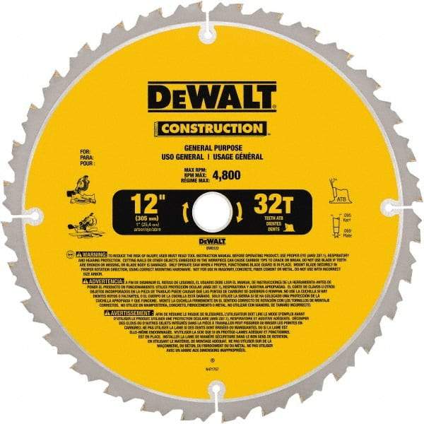 DeWALT - 12" Diam, 1" Arbor Hole Diam, 32 Tooth Wet & Dry Cut Saw Blade - Carbide-Tipped, General Purpose Action, Standard Round Arbor - Eagle Tool & Supply