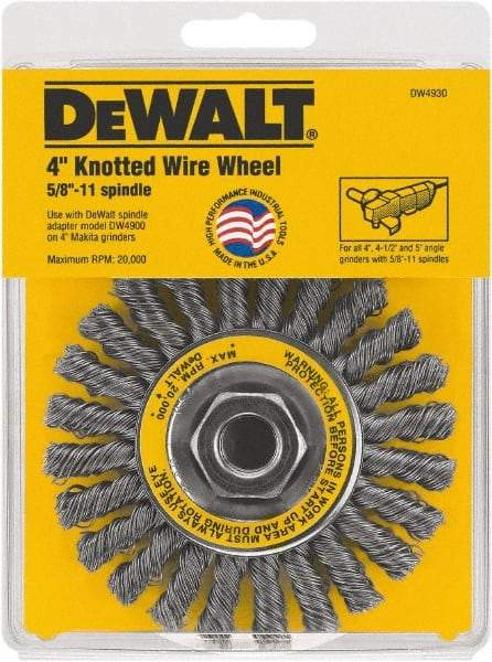 DeWALT - 4" OD, 5/8" Arbor Hole, Knotted Steel Wheel Brush - 4" Face Width, 1" Trim Length - Eagle Tool & Supply