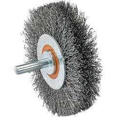 WALTER Surface Technologies - 2" OD, 1/4" Shank Diam, Crimped Steel Wheel Brush - 5/8" Face Width, 0.0118" Filament Diam, 25,000 RPM - Eagle Tool & Supply