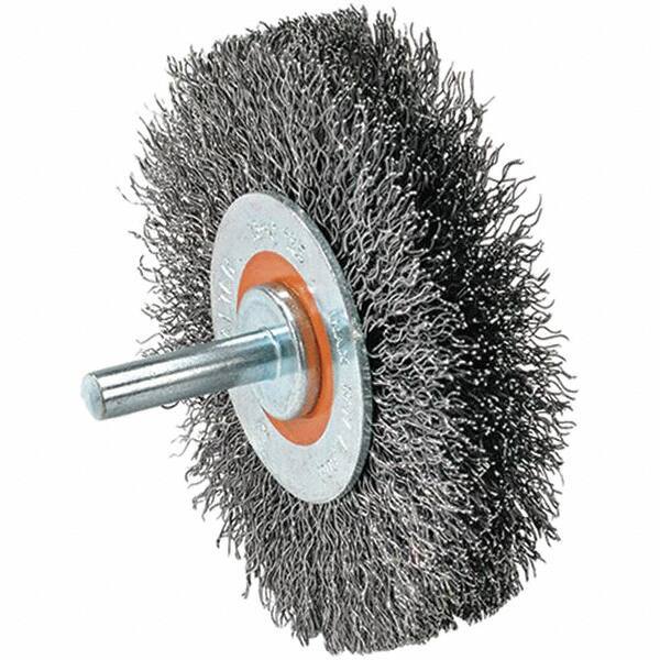 WALTER Surface Technologies - 1-3/8" OD, 1/4" Shank Diam, Crimped Steel Wheel Brush - 1/4" Face Width, 0.008" Filament Diam, 25,000 RPM - Eagle Tool & Supply