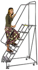 Ballymore - 73" 4 Step Ladder - Spring Loaded Rolling Safety Ladder, 450 Lb Capacity, 38" Platform Height, 20" Base Width x 35" Base Depth, Perforated Tread - Eagle Tool & Supply