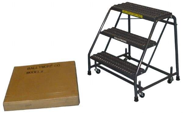 Ballymore - 28-1/2" 3 Step Ladder - Spring Loaded Rolling Safety Ladder, 450 Lb Capacity, 28-1/2" Platform Height, 20" Base Width x 25" Base Depth, Abrasive Mat Tread - Eagle Tool & Supply