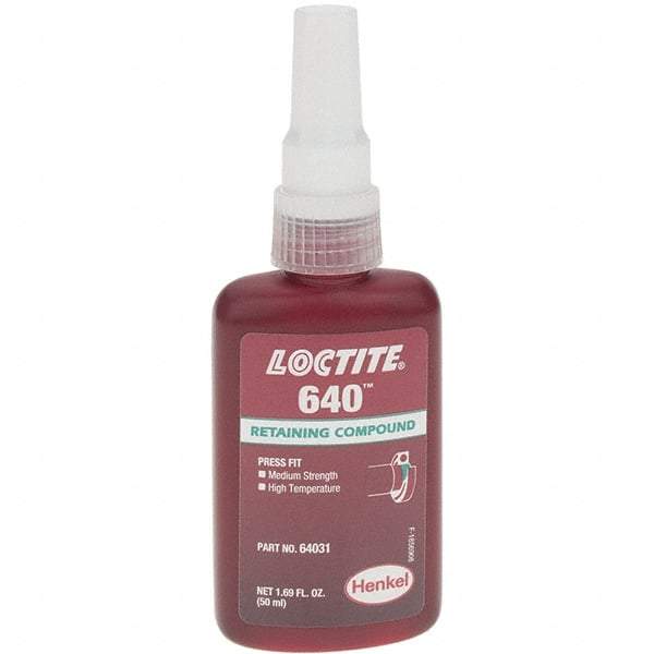 Loctite - 50 mL Bottle, Green, High Strength Liquid Retaining Compound - Series 640, 24 hr Full Cure Time - Eagle Tool & Supply