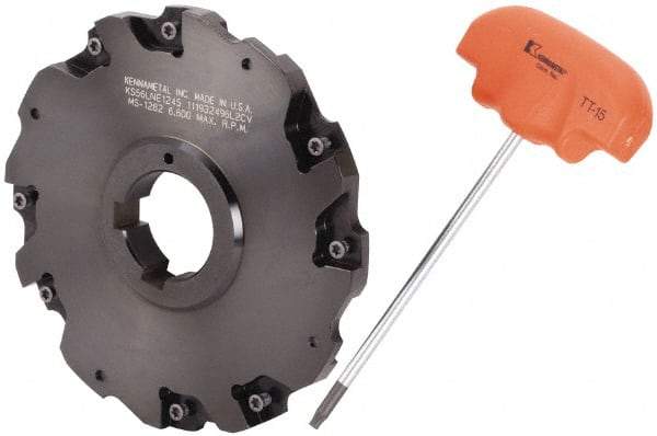 Kennametal - Arbor Hole Connection, 3/8" Cutting Width, 1.466" Depth of Cut, 5" Cutter Diam, 1-1/4" Hole Diam, 4 Tooth Indexable Slotting Cutter - 90° LN Toolholder, LNE 1245... Insert - Eagle Tool & Supply