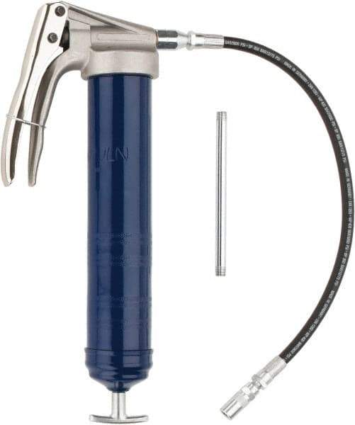 Lincoln - 7,500 Max psi, Flexible Pistol Grease Gun - 14-1 & 2 oz (Cartridge) & 16 oz (Bulk) Capacity, 1/8 Thread Outlet, 39 Strokes per oz, Bulk & Cartridge Fill, Includes 6" Straight Pipe & Coupler - Eagle Tool & Supply