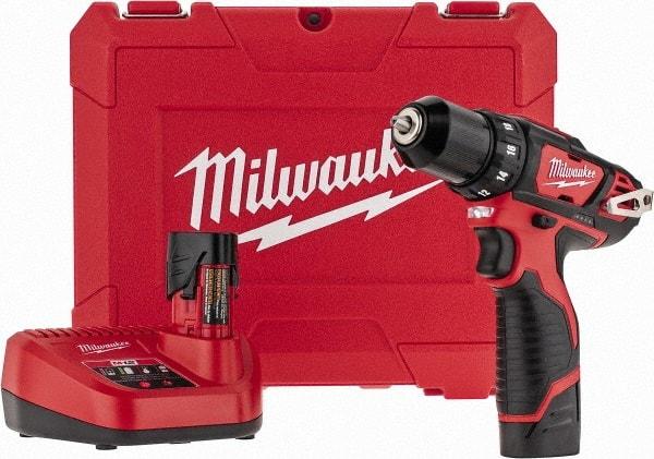 Milwaukee Tool - 12 Volt 3/8" Chuck Pistol Grip Handle Cordless Drill - 0-400 & 0-1500 RPM, Keyless Chuck, Reversible, 2 Lithium-Ion Batteries Included - Eagle Tool & Supply