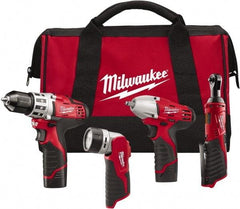 Milwaukee Tool - 12 Volt Cordless Tool Combination Kit - Includes 3/8" Square Drive Impact Wrench, 3/8" Drill/Driver, Work Light & 1/4" Ratchet, Lithium-Ion Battery Included - Eagle Tool & Supply