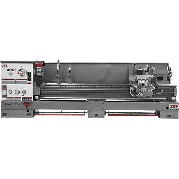 Jet - 26" Swing, 120" Between Centers, 230 Volt, Triple Phase Engine Lathe - 6MT Taper, 10 hp, 40 to 1,800 RPM, 4-1/8" Bore Diam, 43" Deep x 57" High x 177" Long - Eagle Tool & Supply