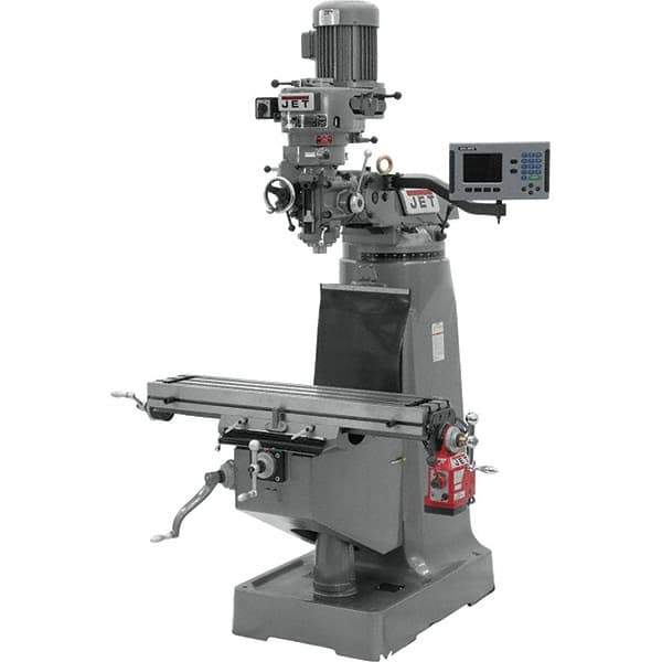 Jet - 9" Table Width x 42" Table Length, Step Pulley Control, 1 Phase Knee Milling Machine - R8 Spindle Taper - Eagle Tool & Supply