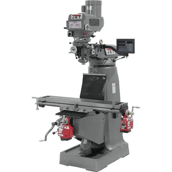 Jet - 9" Table Width x 42" Table Length, Variable Speed Pulley Control, 3 Phase Knee Milling Machine - R8 Spindle Taper, 3 hp - Eagle Tool & Supply