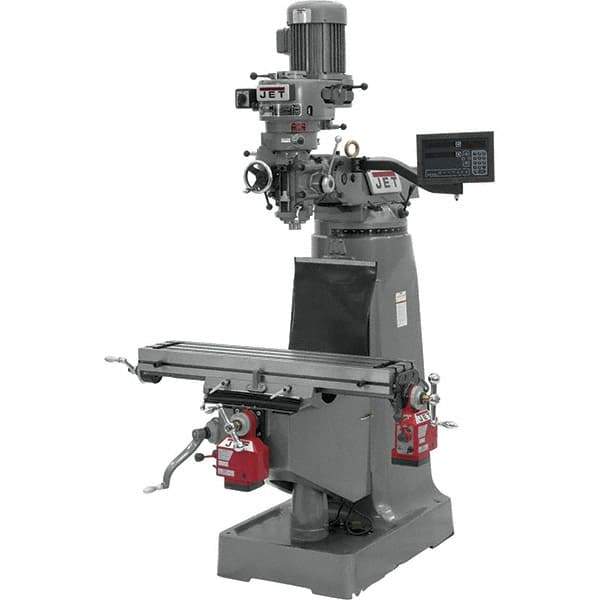 Jet - 9" Table Width x 42" Table Length, Step Pulley Control, 1 Phase Knee Milling Machine - R8 Spindle Taper, 2 hp - Eagle Tool & Supply