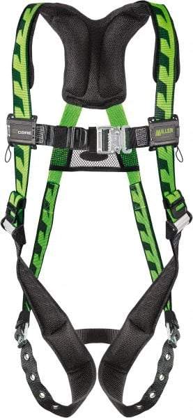 Miller - 400 Lb Capacity, Size Universal, Full Body AirCore Single D-Ring Safety Harness - Polyester, Tongue Buckle Leg Strap, Quick Connect Chest Strap, Black/Green - Eagle Tool & Supply
