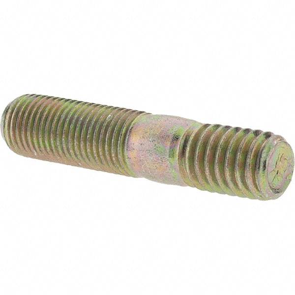 Value Collection - 3/8-24 Long Thread, 3/8-16 Short Thread, 1-3/4" OAL Unequal Double Threaded Stud - Alloy Steel, Zinc Yellow Dichromate Finish, 1" Long Thread Length, 9/16" Short Thread Length - Eagle Tool & Supply